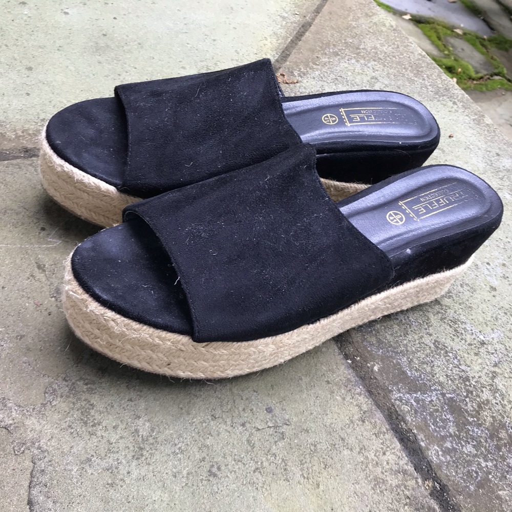 Black suede espadrille platform sandals